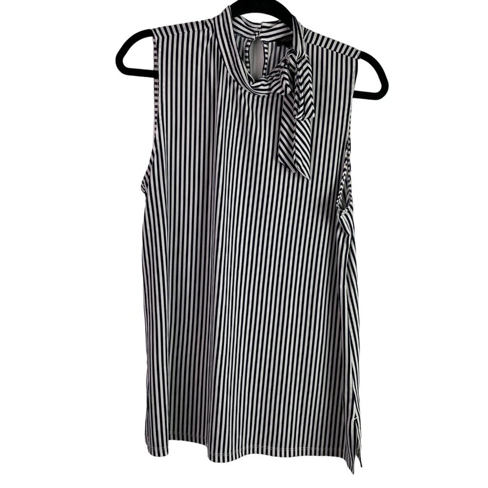 Ann Taylor Sleeveless Top Stripe Size L Keyhole Back Tie Neck Black White
